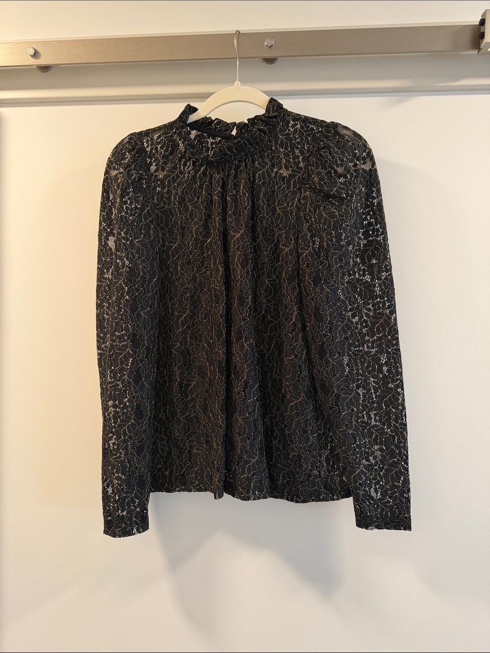 LOFT Black Metallic Lace-Effect Long Sleeve Blouse